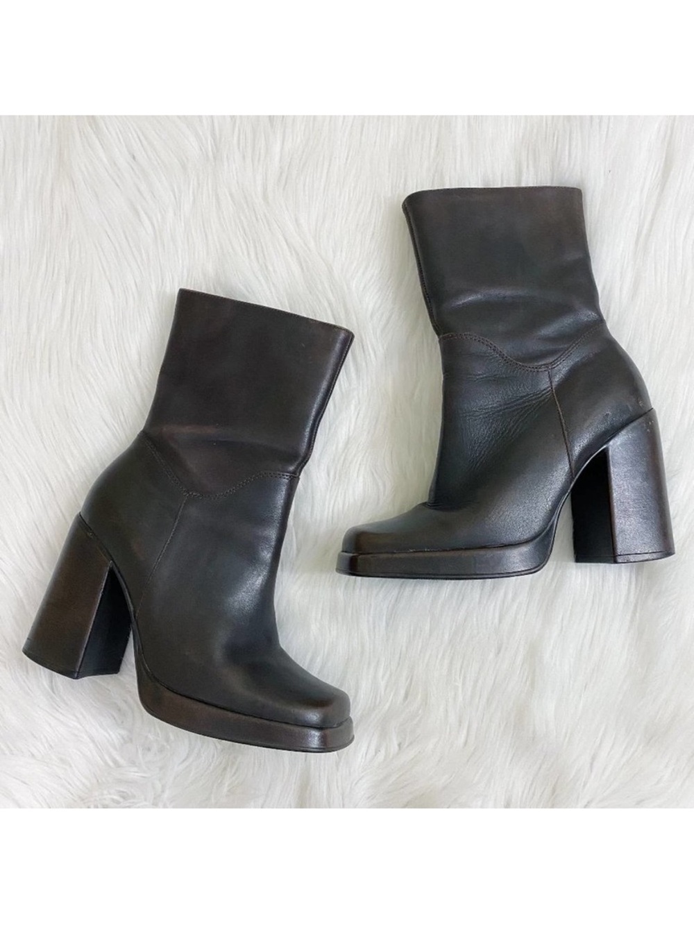 Steve Madden Vintage Y2K Brown Leather Franky Square Toe Boot Side Zip Size 7.5